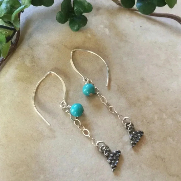Turquoise Earrings,Long Earrings,Heart Charm,Chain Earrings,Blue Earrings - Picture 2 of 3